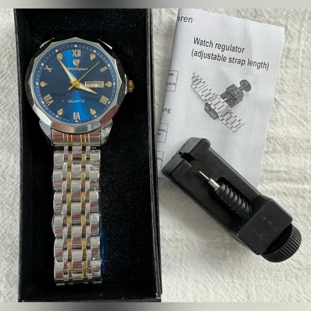 POEDAGAR Men's Watch Date Week Waterproof Luminous Quartz Stainless Steel Blue